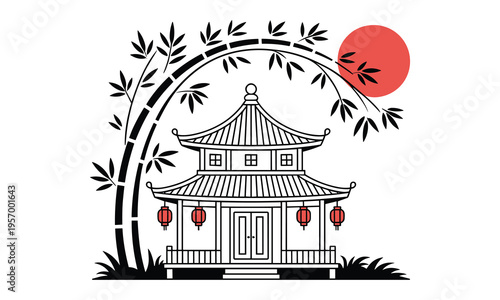 Vector illustration of Asian pagoda with bamboo and red lanterns