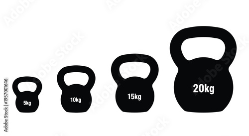 Progressive kettlebell weights from 5kg to 20kg in black silhouette