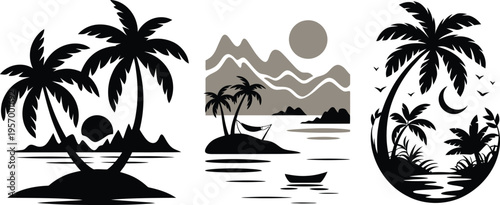 Tropical island paradise with palm trees, mountains, and ocean scenes. Black and white minimalist vector graphic collection for vacation and travel themes, Palm Tree
