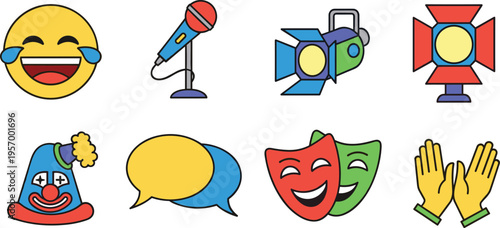 Entertainment and Performance Icon Set with Emoji Microphone Stage Lights Theater Masks Applause and Comedy Elements Vector Illustration Isolated on White Background
