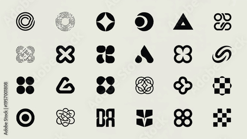 Collection of various geometric and abstract black and white symbols and logos on a gray background
