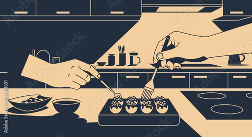 Hands Cooking Japanese Takoyaki Octopus Balls on Grill Illustration