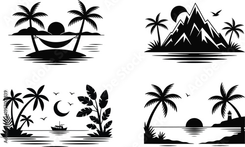 Tropical island scenes with palm trees, mountains, and hammocks. Black and white minimalist vector art featuring ocean views, boats, and moonlit nights, Palm Tree
