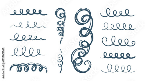 Collection of various blue swirling line designs and patterns on white
