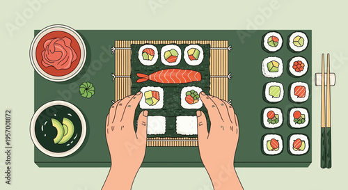 Hands rolling fresh sushi maki on a bamboo mat with ingredients, ginger, and soy sauce in flat illustration style