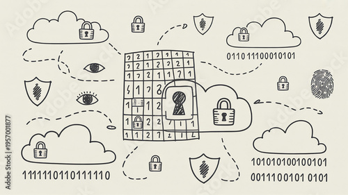 Cloud security concept with digital grid locks and eyes hand-drawn illustration for data protection and cybersecurity themes