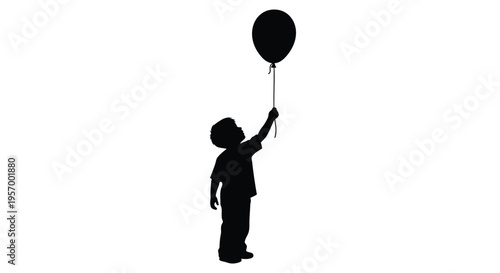 Child reaching for a floating balloon depicted in black silhouette