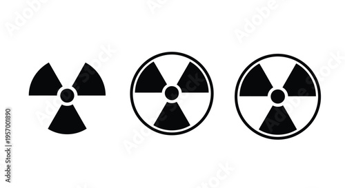 Three radioactive warning signs depicted in a stark black silhouette