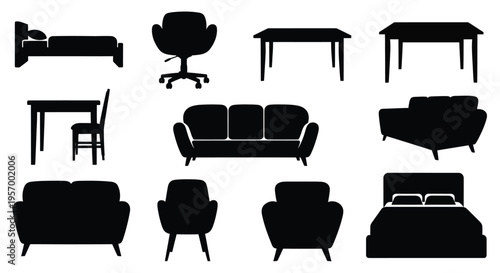 Black furniture set including sofas beds and chairs silhouette
