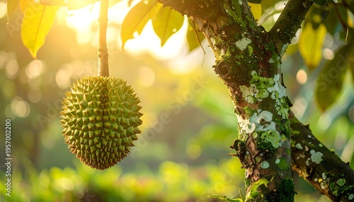 Durian Fruit Hanging on Tree Branch in Sunlight.