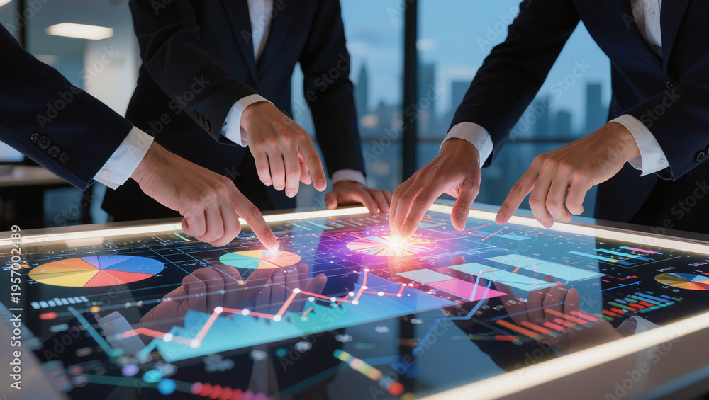 Fototapeta premium Business Professionals Analyzing Interactive Data Visualization on Digital Table