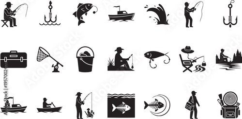 Fishing Hobby and Angling Equipment Silhouettes Set