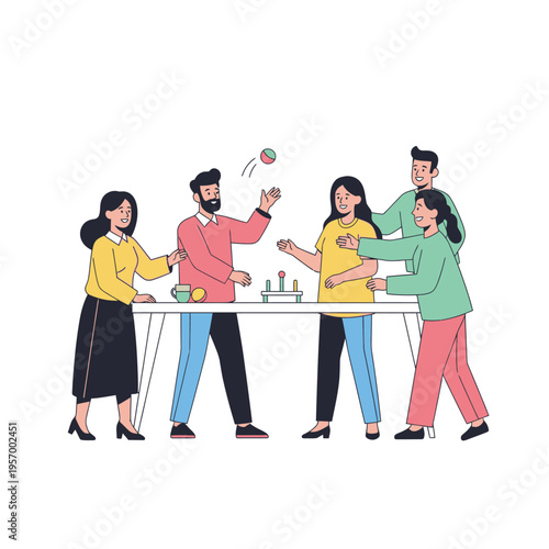 Diverse group of people playing a game together over a table, teamwork and fun concept