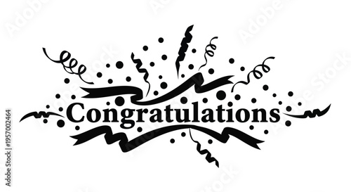 Celebratory congratulations banner with confetti and ribbons black silhouette