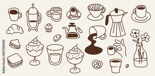 Drawn Coffee and Bakery Doodle Set on White Background
