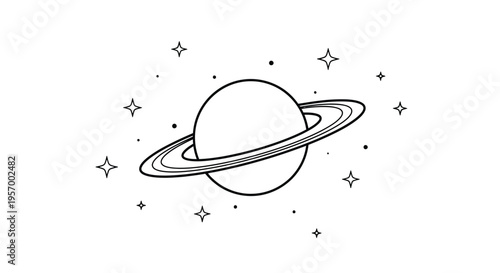 A simple line drawing of saturn surrounded by stars silhouette