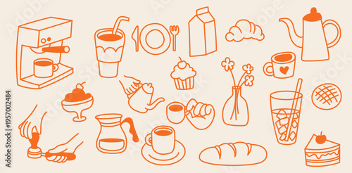 Orange Outline Coffee Shop and Breakfast Essentials Set