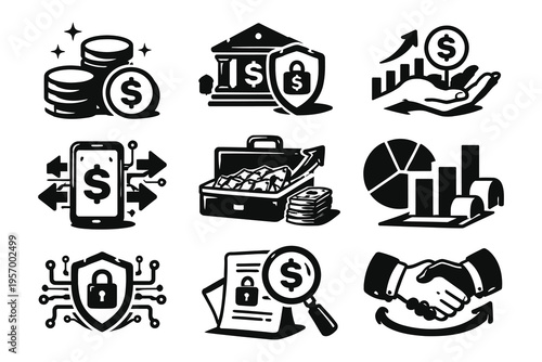 Nine icons representing various financial and investment concepts