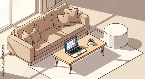 A modern living room with a laptop on a coffee table.