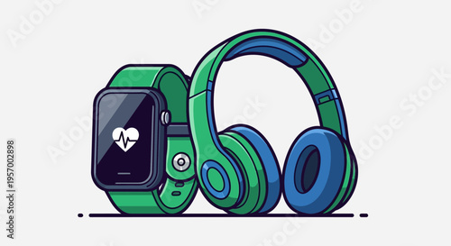Smartwatch and colorful headphones illustration.