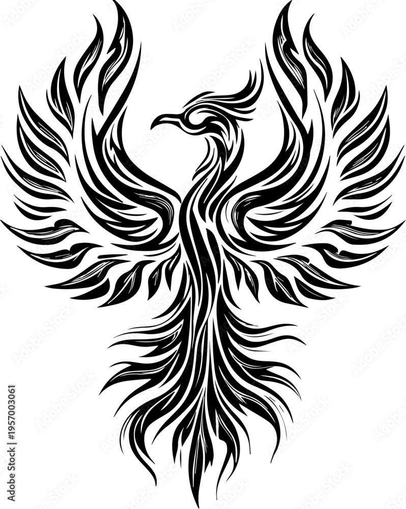 Obraz premium SVG dark mechanical gothic codex tattoo design vector. Intricate Black Phoenix Design with Elegant Feather Patterns