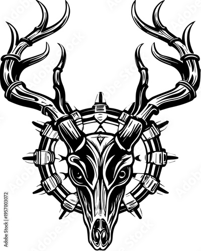 SVG dark mechanical gothic codex tattoo design vector. Detailed Black and White Illustration of a Stylized Deer Skull