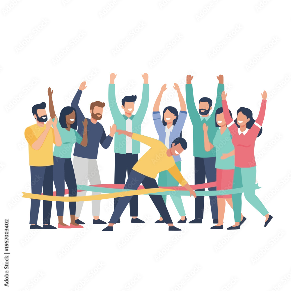Obraz premium Diverse team crossing finish line, celebrating victory, teamwork, success, achieving goals