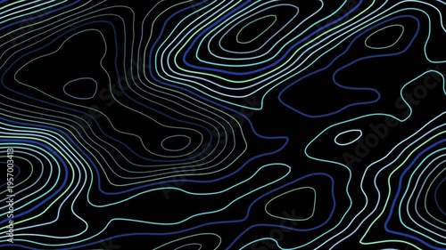 Abstract Topographic Contour Lines Motion Background, Blue and White Waves