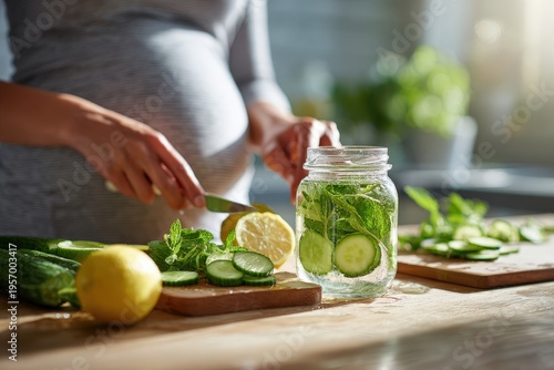 A woman prepares a refreshing drink with cucumber, lemon, and mint in a kitchen during the daytime while showing her pregnancy