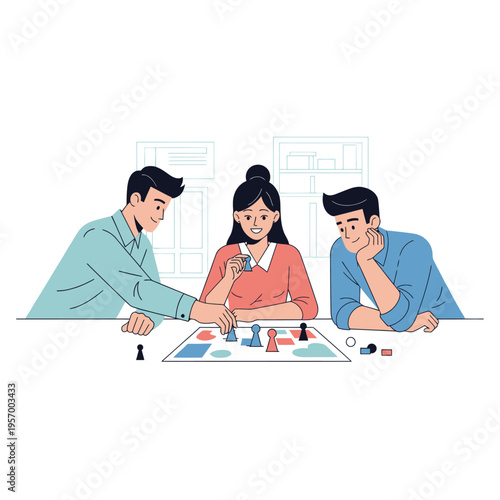 Friends playing a strategy board game, fun indoor activity, strategic thinking, and leisure time.