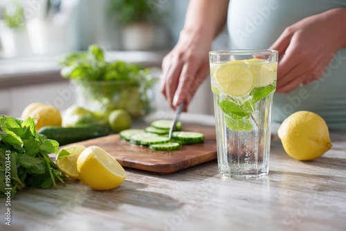 Water with cucumber and lemon is prepared on a wooden board in a kitchen during the day
