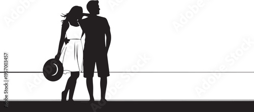 Couple standing at beach sunset silhouette vector illustration line art romantic vacation