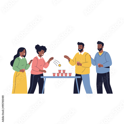 Friends Playing Beer Pong Game Together, Team Competition, Fun Party Activity