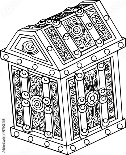 SVG dark mechanical gothic codex tattoo design vector. Intricately Designed Treasure Chest with Detailed Decorations