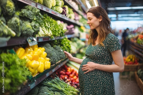 Pregnant woman shopping for fresh vegetables in grocery store during daytime