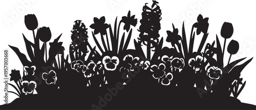 Spring flower garden border silhouette vector illustration line art nature floral meadows