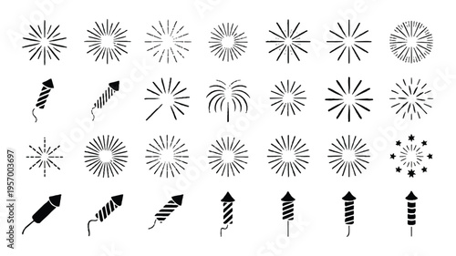 fireworks icons in black on white background for celebrations