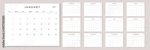 Calendar 2027 Monthly template on white background. Minimalist design layout calendar week starts on Sunday. Use for New year, business, print.
