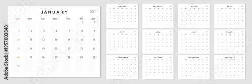 Calendar 2027 Monthly template on white background. Minimalist design layout calendar week starts on Sunday. Use for New year, business, print.