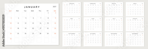 Konstfotografi Calendar 2027 Monthly template on white background
