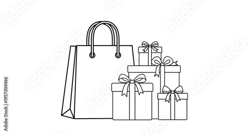 Shopping bag with stacked gift boxes a simple black outline silhouette