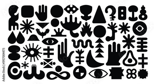 Abstract collection of black shapes including hands and eyes in a silhouette