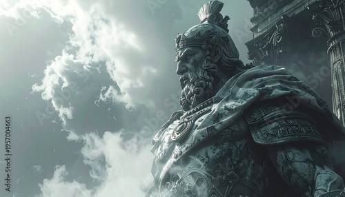 Epic Stone Giant Statue Guardian Overlooking Misty Clouds.