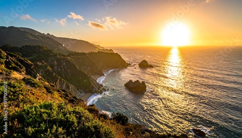 Golden Sunset Over Rugged Coastal Cliffs and Ocean Waves.