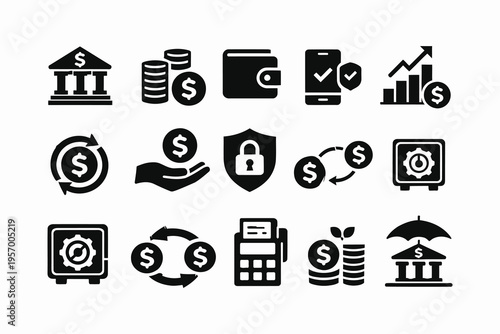Icons representing various aspects of financial management and transactions