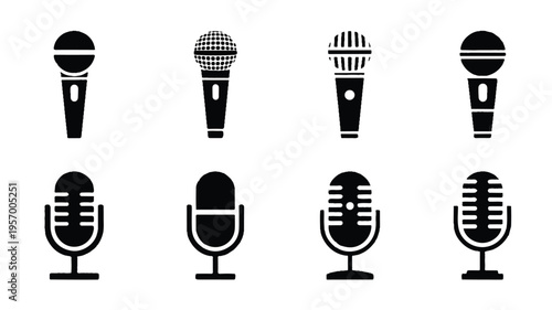 set of microphone icons in different styles and designs for audio recording and voice communication