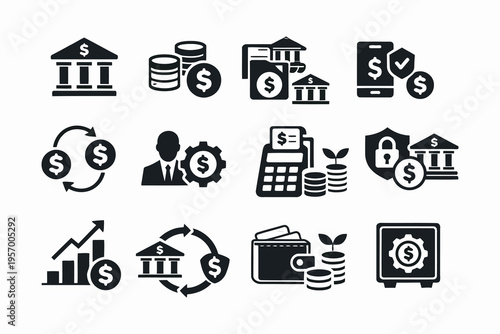 Icons representing various financial and banking concepts and activities