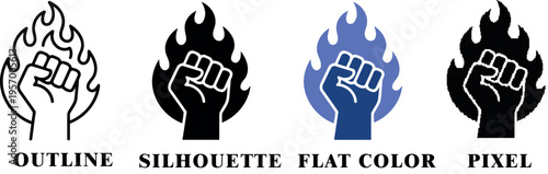 Variations of a raised fist with flames including line art on transparent background