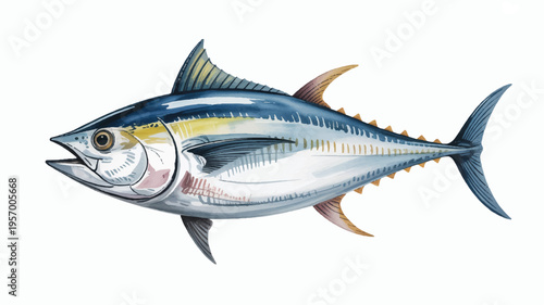 tuna fish with blue and yellow fins and tail isolated on white background