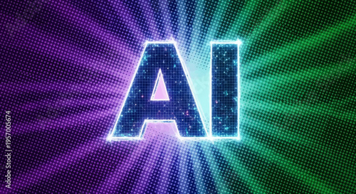 The letters "AI" are vividly rendered with a glowing neon effect and circuit patterns, set against a background of radiating colorful halftone stripes, symbolizing advanced artificial intelligence.
